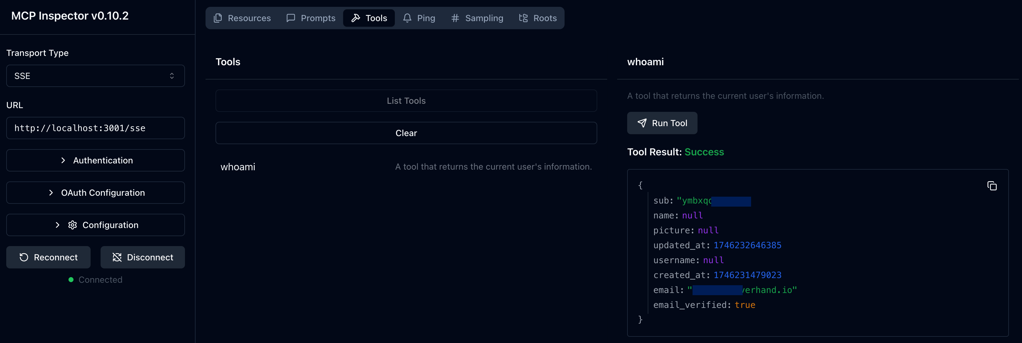 MCP Inspector whoami Tool Ergebnis